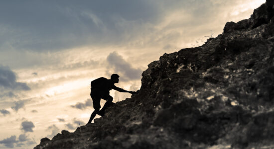 Man hiker. Ladder to success.